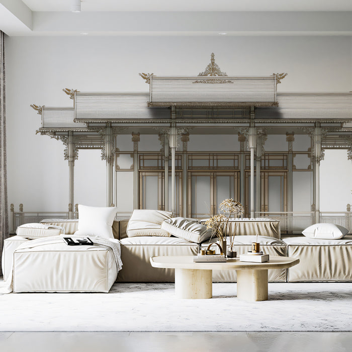 Detailed Thai Sala Building Elevation Architectural Drawing Mural Wallpaper | White Gold Accents, Southeast Asian Elegance