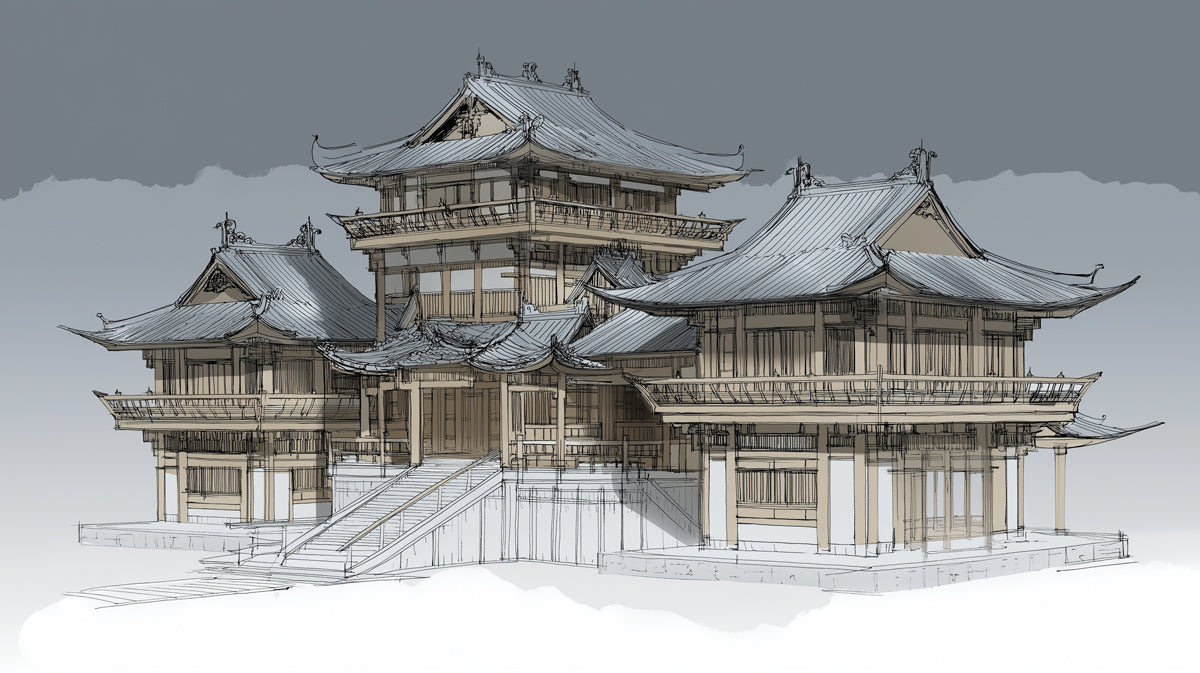 Chinese Pagoda Complex Architectural Concept Monochromatic Ink Mural Wallpaper | Traditional Majesty