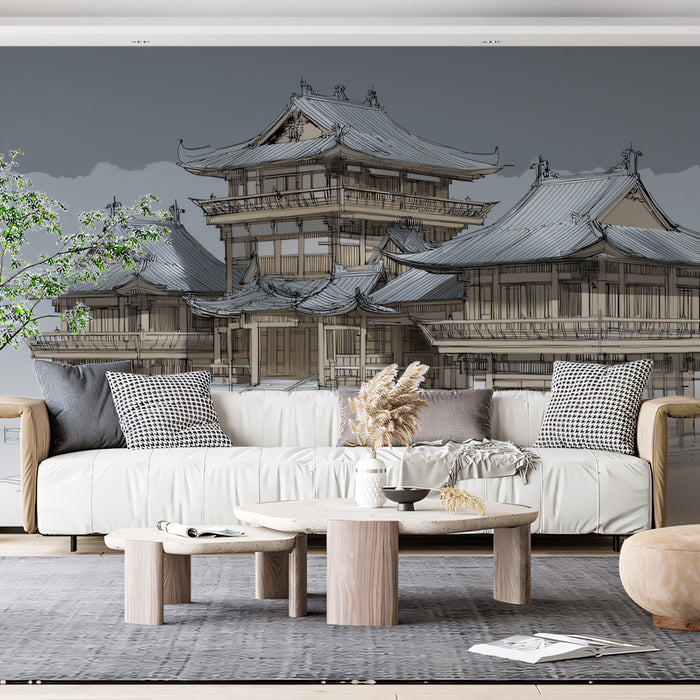 Chinese Pagoda Complex Architectural Concept Monochromatic Ink Mural Wallpaper | Traditional Majesty