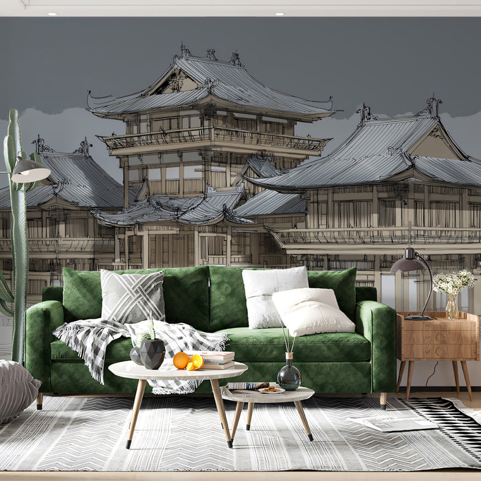 Chinese Pagoda Complex Architectural Concept Monochromatic Ink Mural Wallpaper | Traditional Majesty