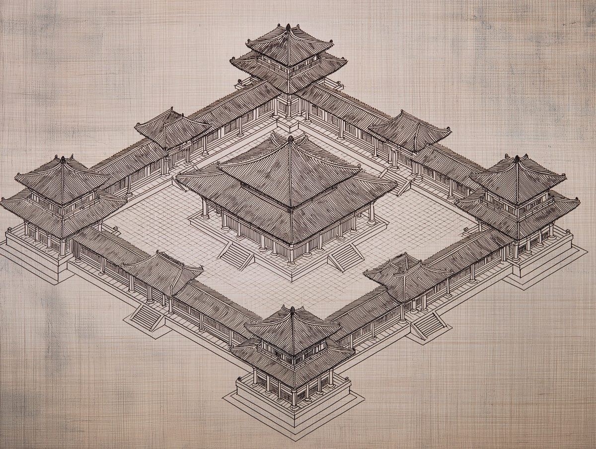 Traditional Asian Courtyard Complex Blueprint Isometric Architectural Drawing Mural Wallpaper | Aged Paper Texture