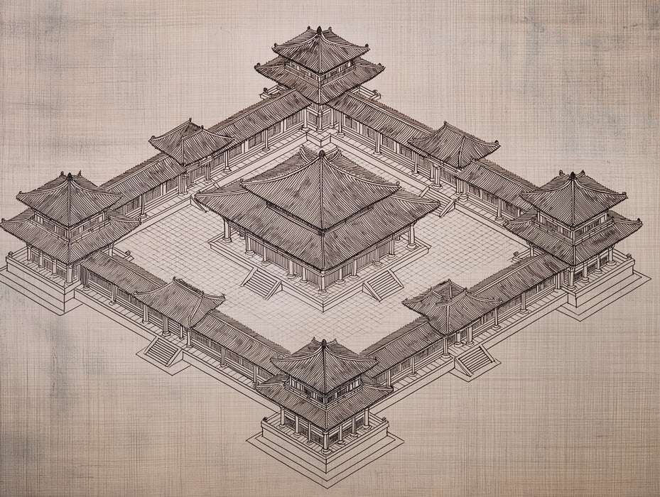 Traditional Asian Courtyard Complex Blueprint Isometric Architectural Drawing Mural Wallpaper | Aged Paper Texture