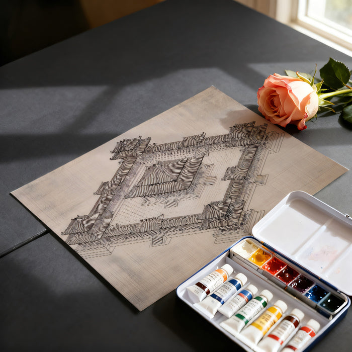 Traditional Asian Courtyard Complex Blueprint Isometric Architectural Drawing Mural Wallpaper | Aged Paper Texture