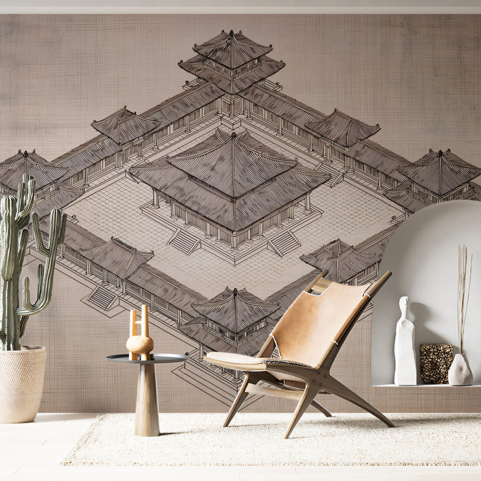 Traditional Asian Courtyard Complex Blueprint Isometric Architectural Drawing Mural Wallpaper | Aged Paper Texture
