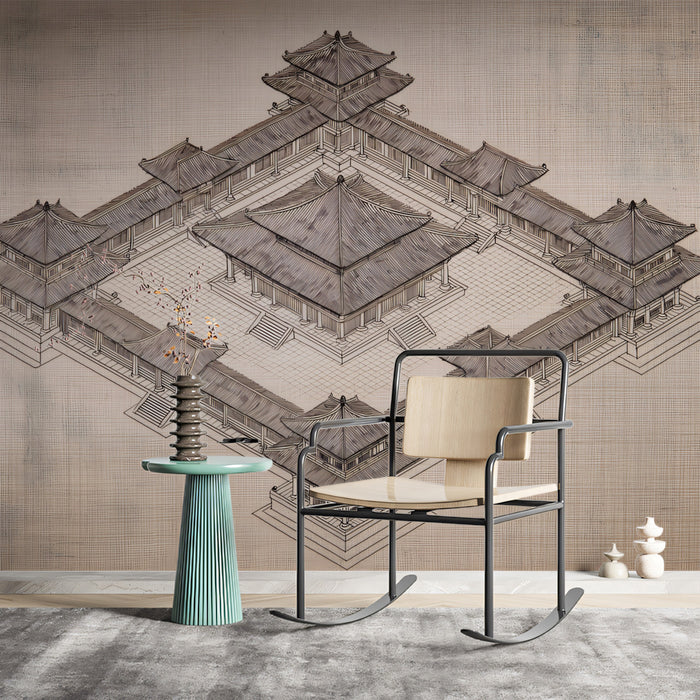 Traditional Asian Courtyard Complex Blueprint Isometric Architectural Drawing Mural Wallpaper | Aged Paper Texture