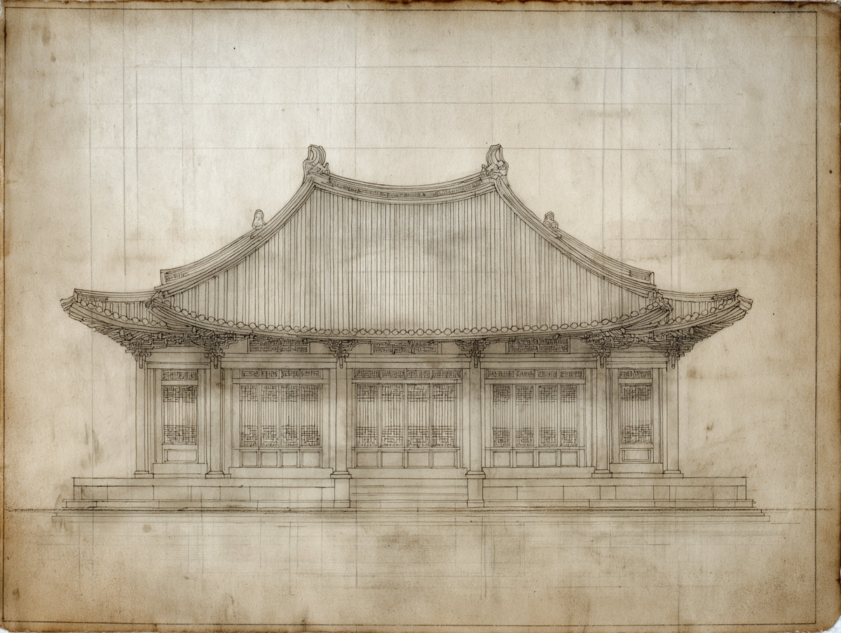 Chinese Hall Building Elevation Architectural Study Sketch Mural Wallpaper | Sepia Tones Aged Paper