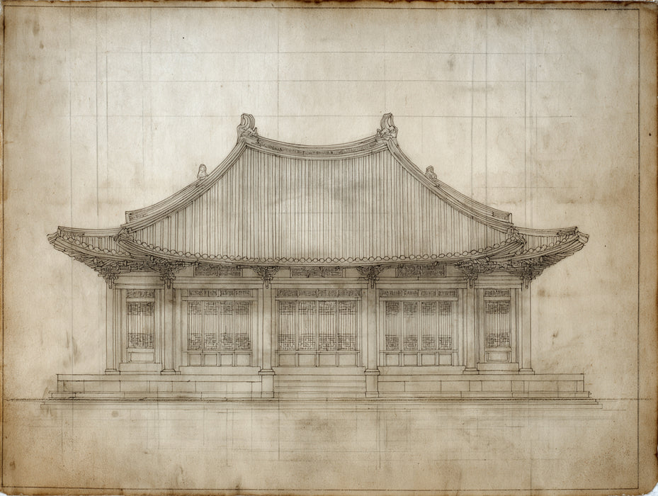 Chinese Hall Building Elevation Architectural Study Sketch Mural Wallpaper | Sepia Tones Aged Paper