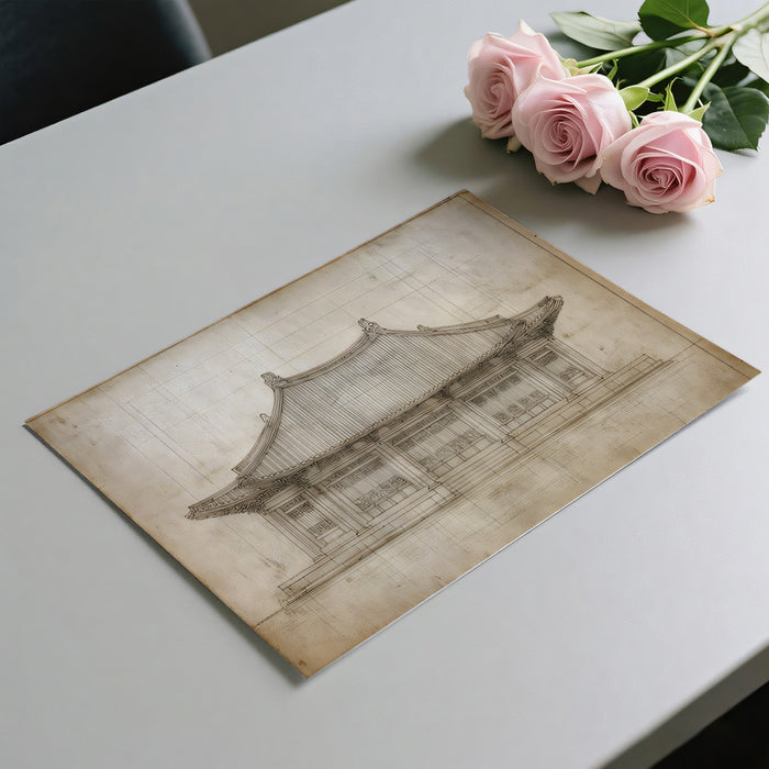 Chinese Hall Building Elevation Architectural Study Sketch Mural Wallpaper | Sepia Tones Aged Paper
