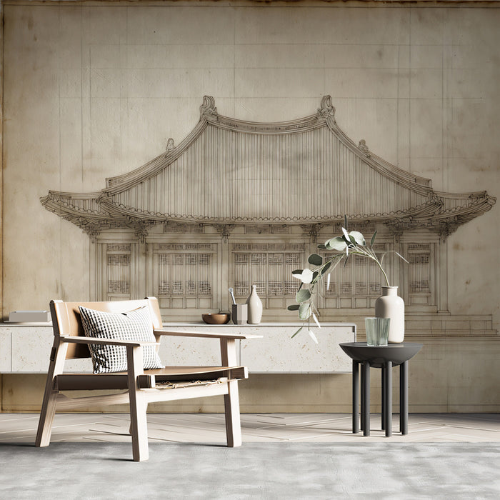 Chinese Hall Building Elevation Architectural Study Sketch Mural Wallpaper | Sepia Tones Aged Paper