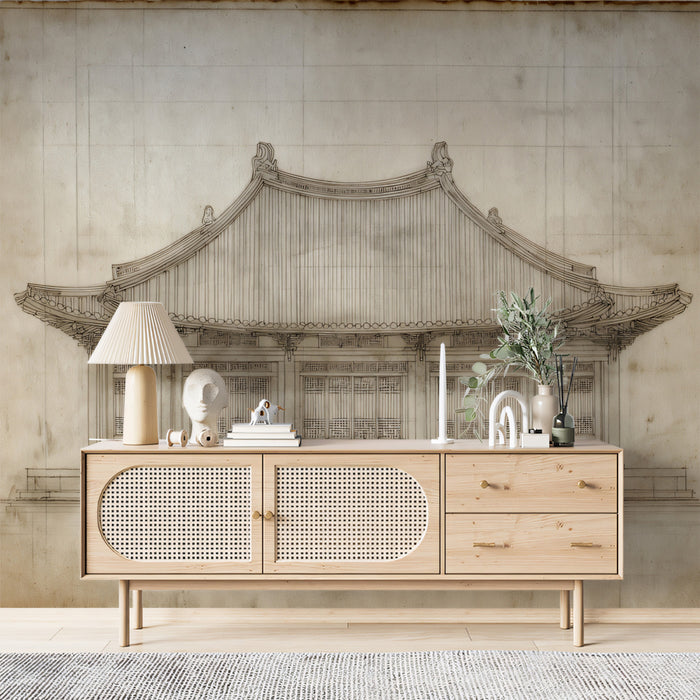 Chinese Hall Building Elevation Architectural Study Sketch Mural Wallpaper | Sepia Tones Aged Paper