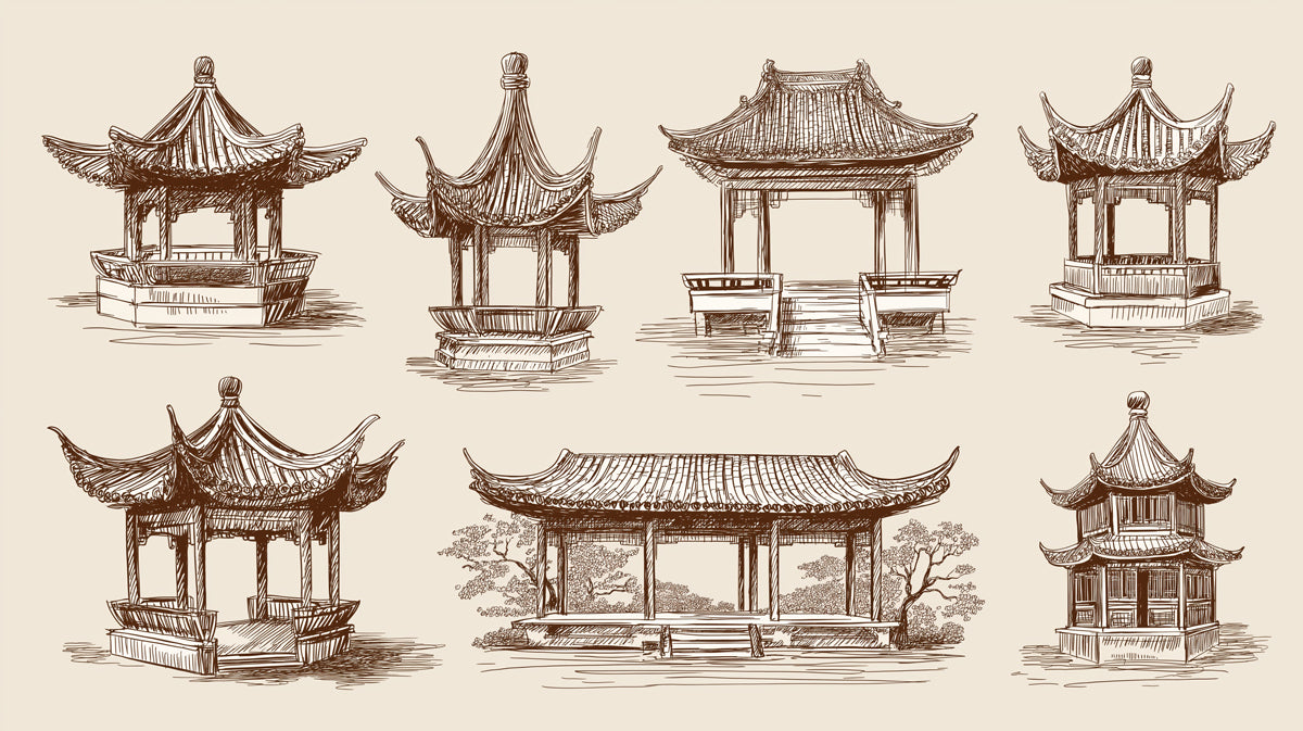 Traditional Asian Pavilion Collection Sepia Ink Drawings Mural Wallpaper | Hand-Drawn Architectural Motifs