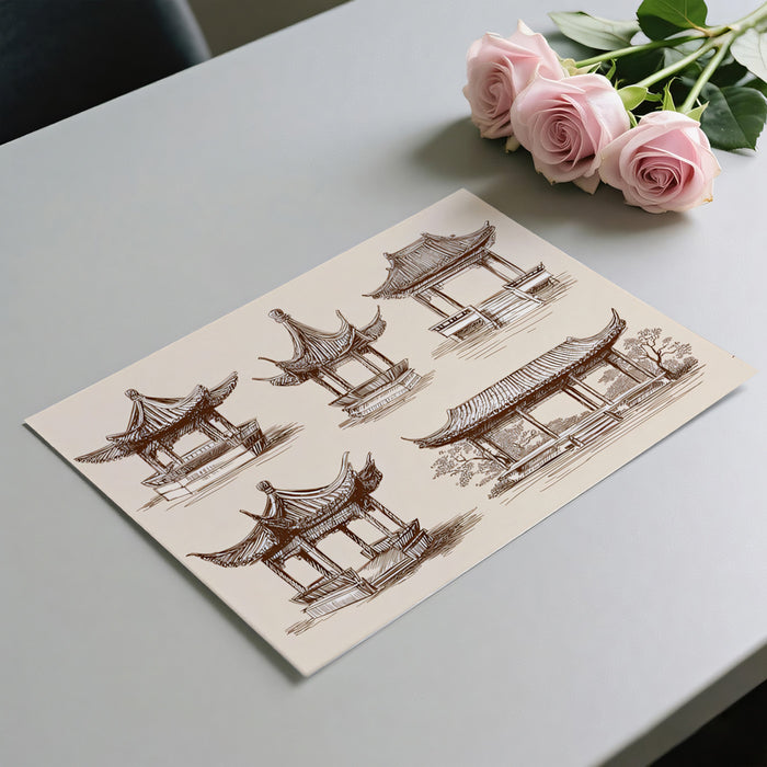 Traditional Asian Pavilion Collection Sepia Ink Drawings Mural Wallpaper | Hand-Drawn Architectural Motifs
