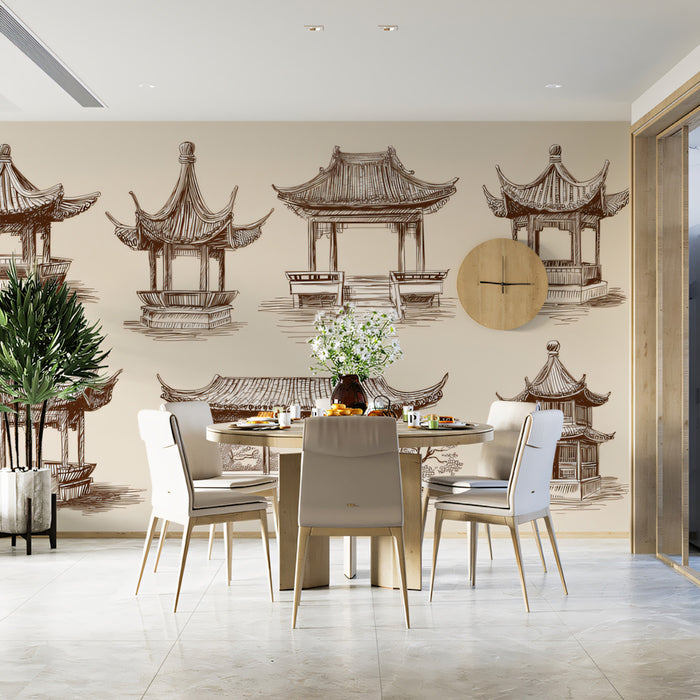 Traditional Asian Pavilion Collection Sepia Ink Drawings Mural Wallpaper | Hand-Drawn Architectural Motifs