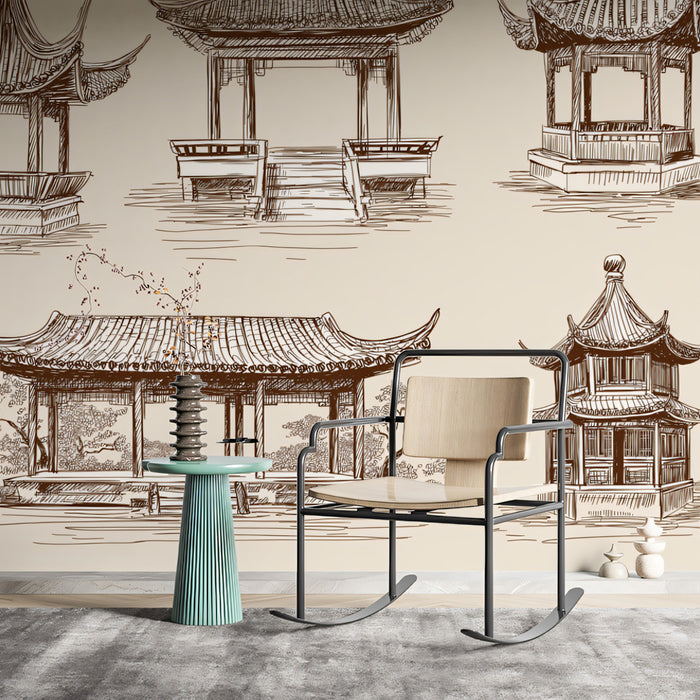 Traditional Asian Pavilion Collection Sepia Ink Drawings Mural Wallpaper | Hand-Drawn Architectural Motifs