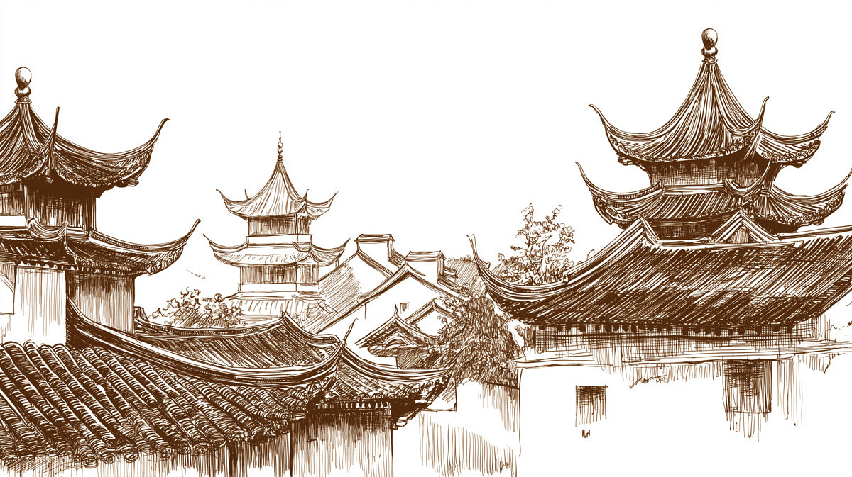Traditional Chinese Roofscape Panoramic Sepia Ink Drawing Mural Wallpaper | Architectural Detail, Historical Feel