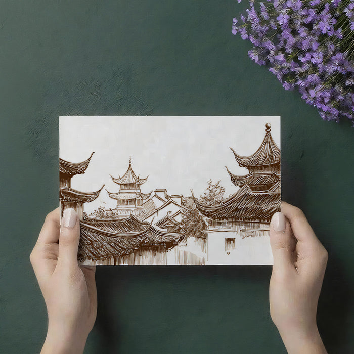 Traditional Chinese Roofscape Panoramic Sepia Ink Drawing Mural Wallpaper | Architectural Detail, Historical Feel