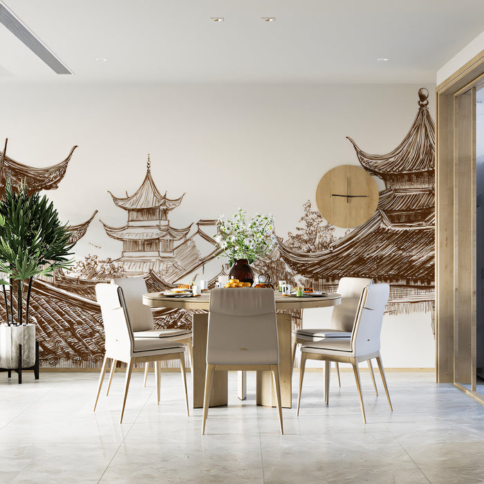 Traditional Chinese Roofscape Panoramic Sepia Ink Drawing Mural Wallpaper | Architectural Detail, Historical Feel