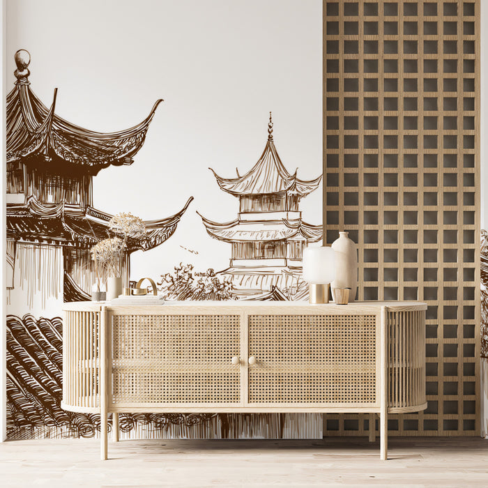 Traditional Chinese Roofscape Panoramic Sepia Ink Drawing Mural Wallpaper | Architectural Detail, Historical Feel