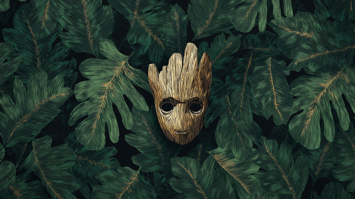 Golden Wood Mask on Tropical Foliage Dark Moody Botanical Digital Illustration Mural Wallpaper