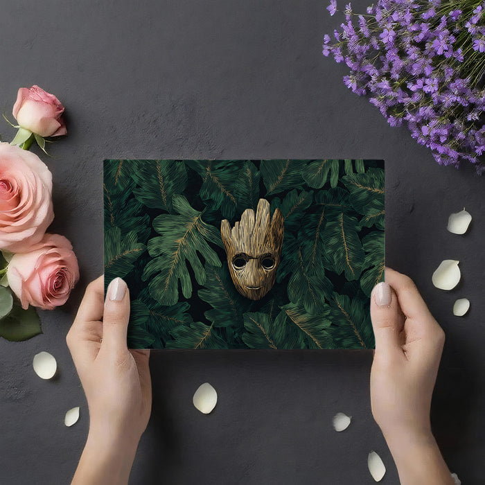 Golden Wood Mask on Tropical Foliage Dark Moody Botanical Digital Illustration Mural Wallpaper
