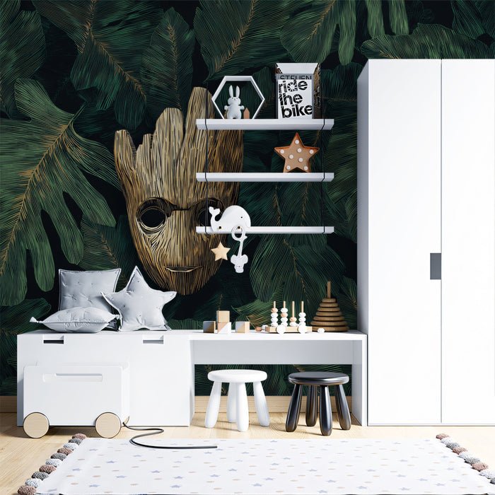 Golden Wood Mask on Tropical Foliage Dark Moody Botanical Digital Illustration Mural Wallpaper