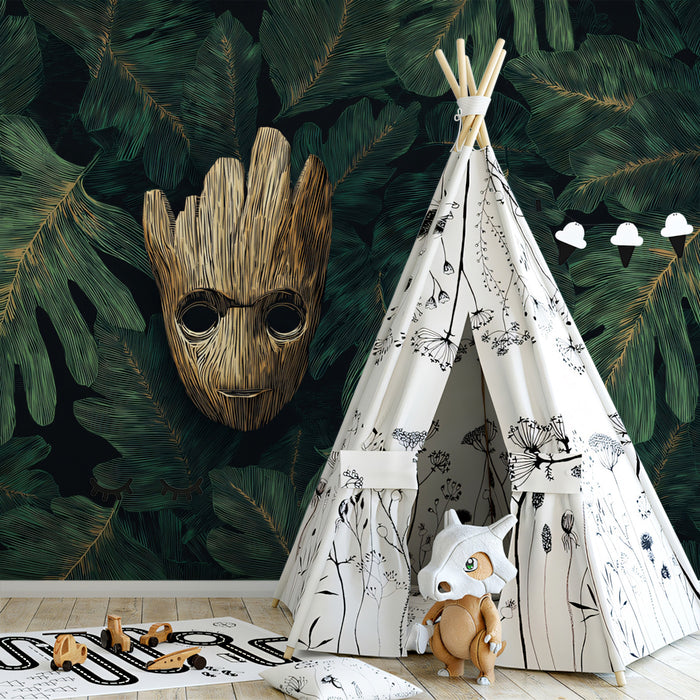 Golden Wood Mask on Tropical Foliage Dark Moody Botanical Digital Illustration Mural Wallpaper