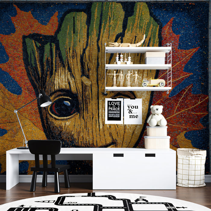 Textured Autumn Wood Mask Portrait High-Detail Digital Painting Mural Wallpaper | Warm Fall Colors