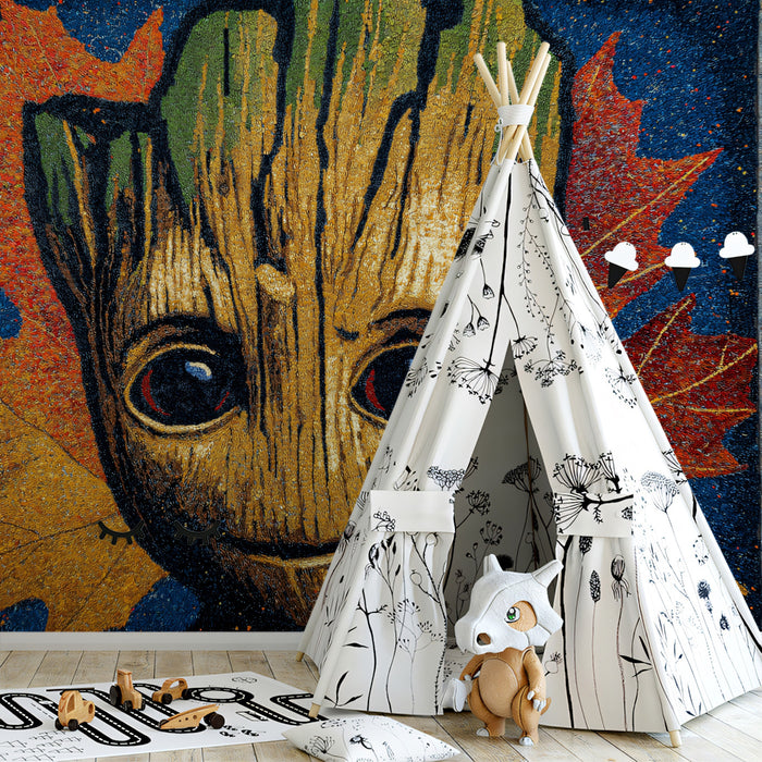 Textured Autumn Wood Mask Portrait High-Detail Digital Painting Mural Wallpaper | Warm Fall Colors