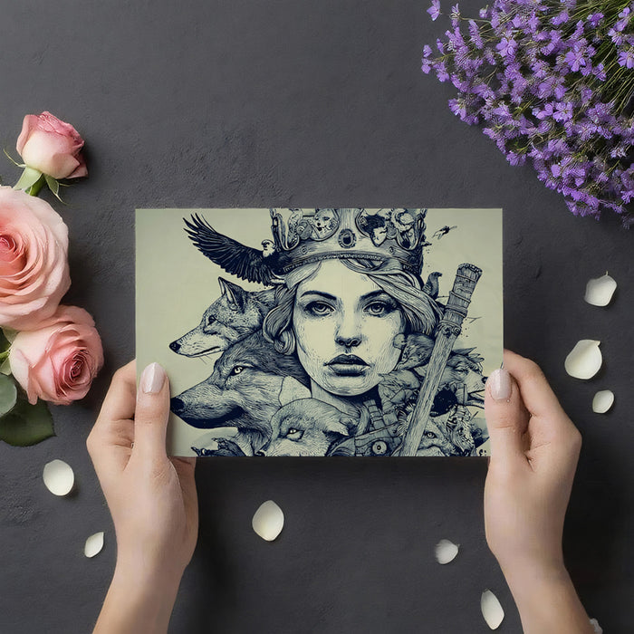 Queen of Wolves and Wilderness Intricate Black White Line Art Fantasy Portrait Mural Wallpaper
