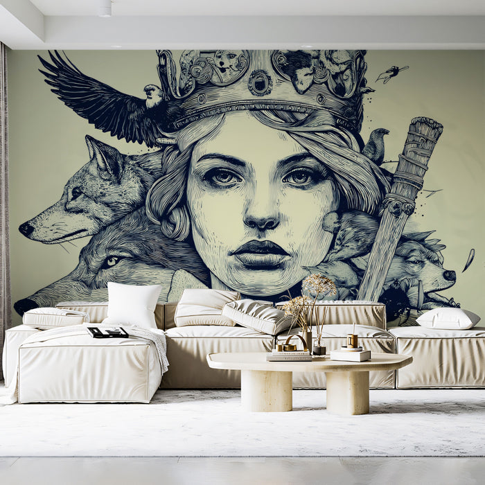 Queen of Wolves and Wilderness Intricate Black White Line Art Fantasy Portrait Mural Wallpaper