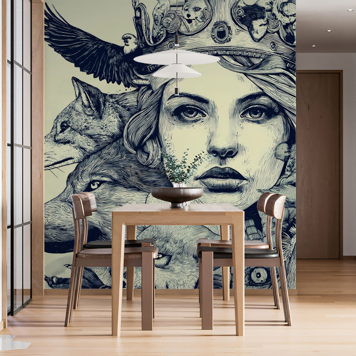 Queen of Wolves and Wilderness Intricate Black White Line Art Fantasy Portrait Mural Wallpaper