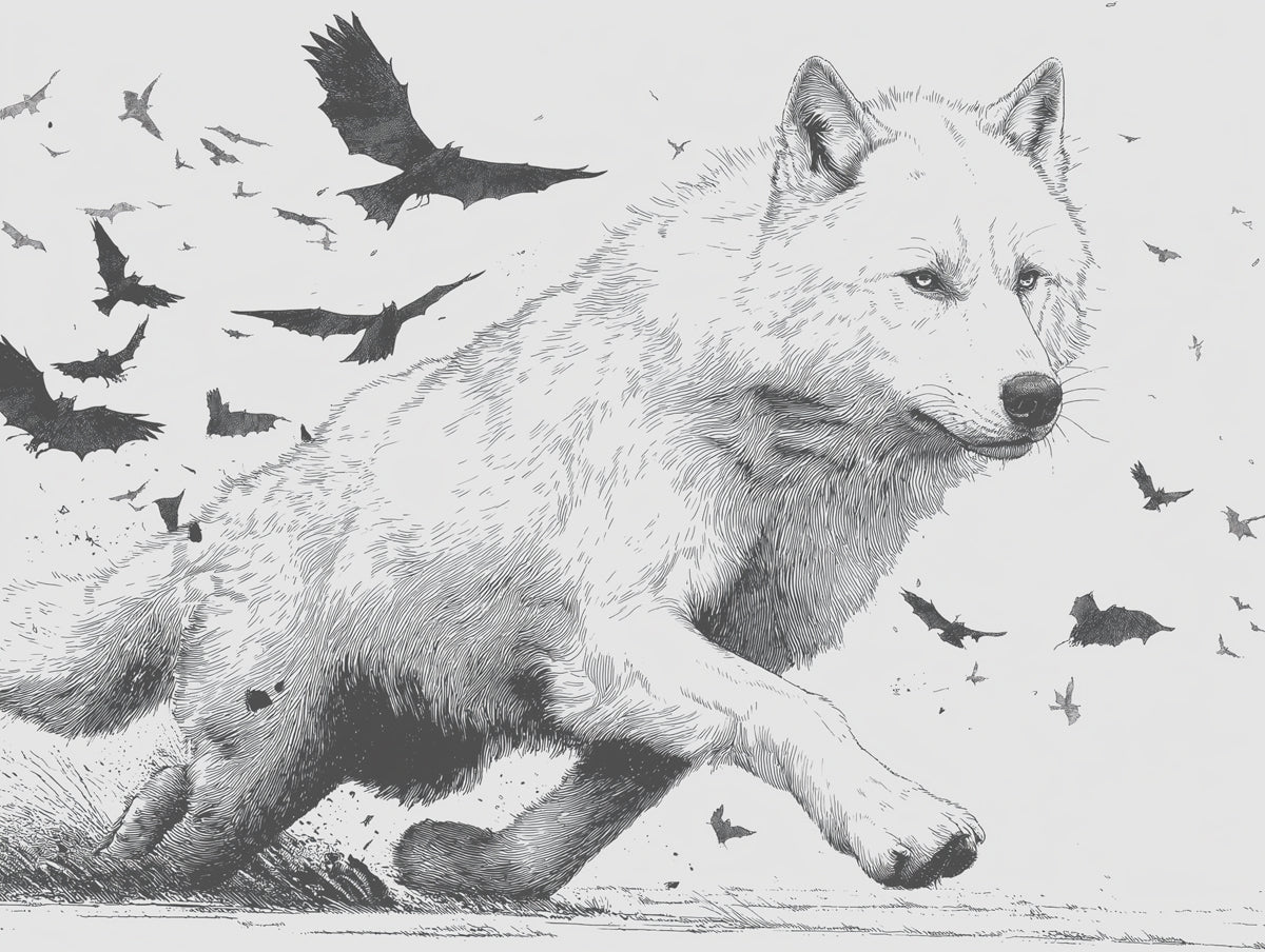 White Wolf Running with Raven Swarm High-Contrast Black White Ink Sketch Mural Wallpaper | Dynamic Wildlife
