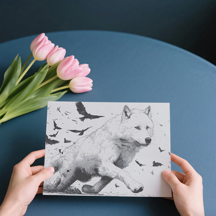White Wolf Running with Raven Swarm High-Contrast Black White Ink Sketch Mural Wallpaper | Dynamic Wildlife