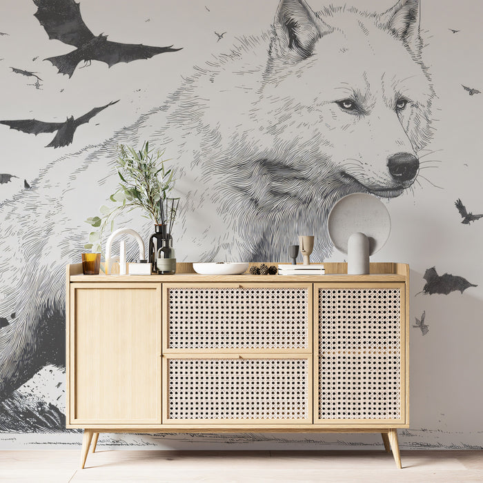 White Wolf Running with Raven Swarm High-Contrast Black White Ink Sketch Mural Wallpaper | Dynamic Wildlife