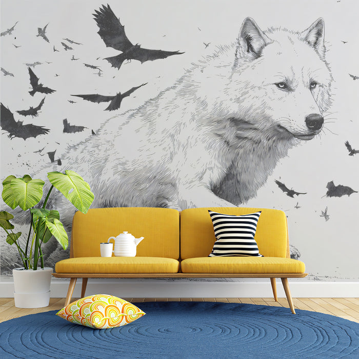 White Wolf Running with Raven Swarm High-Contrast Black White Ink Sketch Mural Wallpaper | Dynamic Wildlife