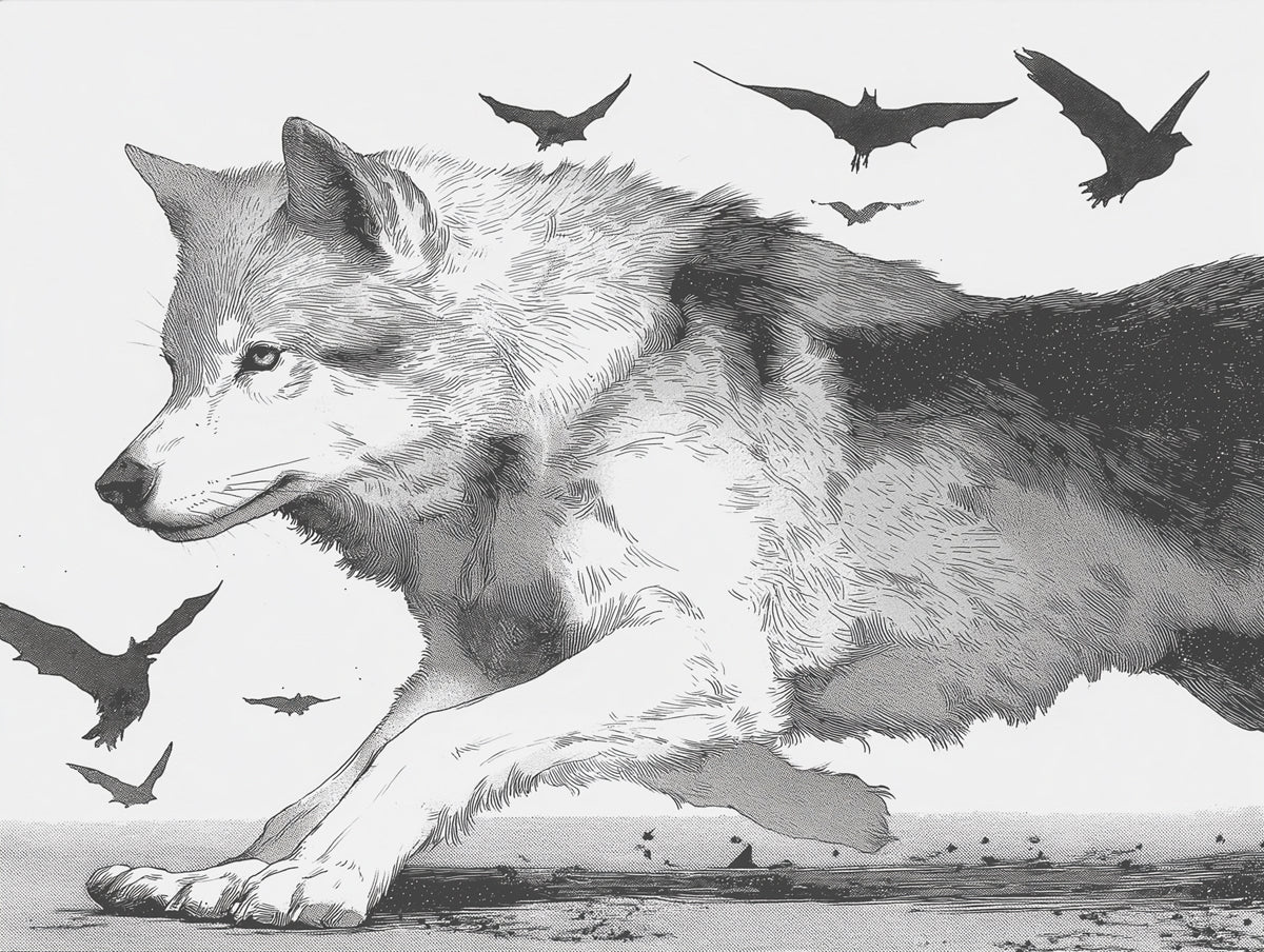 Grey Wolf Running with Bat Swarm Black White Engraving Style Mural Wallpaper | Intense Wildlife Study, Moody