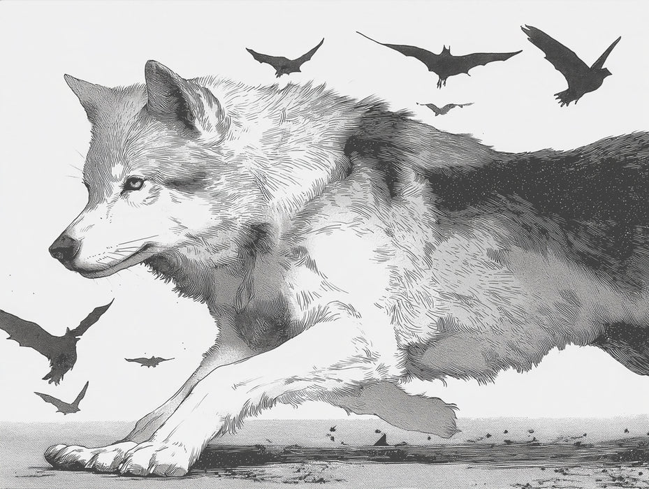 Grey Wolf Running with Bat Swarm Black White Engraving Style Mural Wallpaper | Intense Wildlife Study, Moody