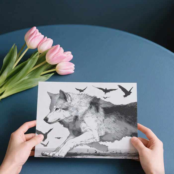 Grey Wolf Running with Bat Swarm Black White Engraving Style Mural Wallpaper | Intense Wildlife Study, Moody