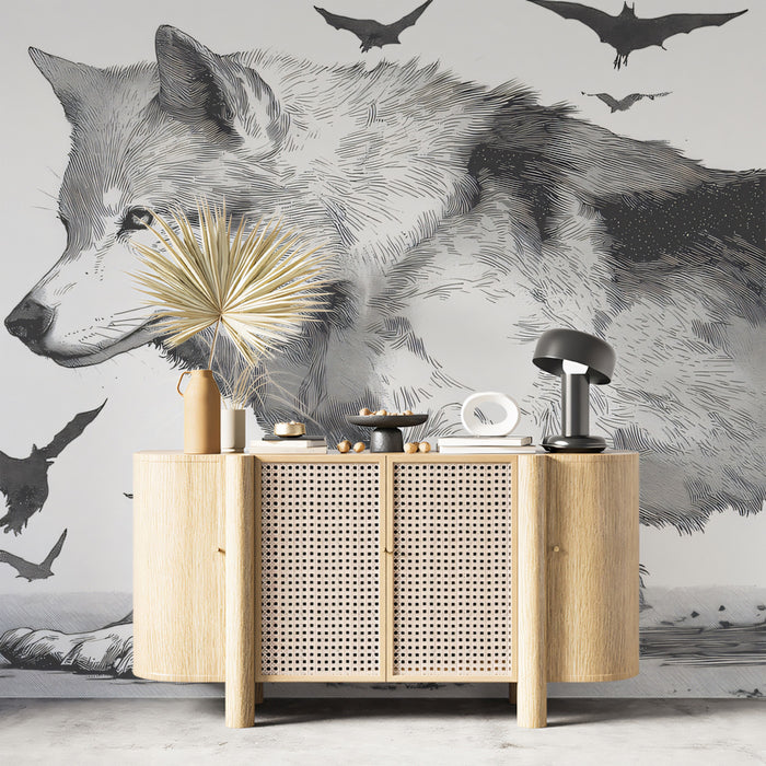 Grey Wolf Running with Bat Swarm Black White Engraving Style Mural Wallpaper | Intense Wildlife Study, Moody