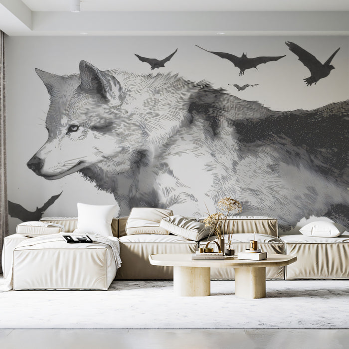 Grey Wolf Running with Bat Swarm Black White Engraving Style Mural Wallpaper | Intense Wildlife Study, Moody