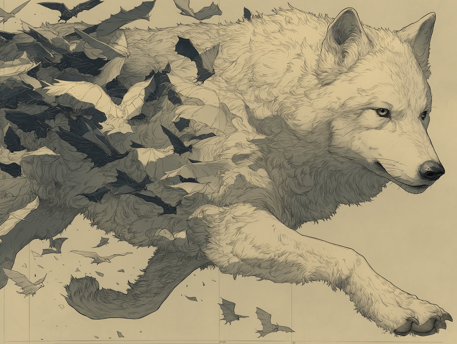 White Wolf Emerging from Bat Swarm Sepia Ink Illustration Mural Wallpaper | Dynamic Fantasy Scene
