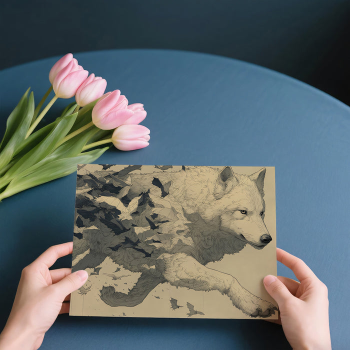 White Wolf Emerging from Bat Swarm Sepia Ink Illustration Mural Wallpaper | Dynamic Fantasy Scene