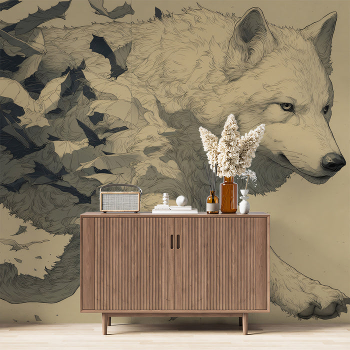 White Wolf Emerging from Bat Swarm Sepia Ink Illustration Mural Wallpaper | Dynamic Fantasy Scene