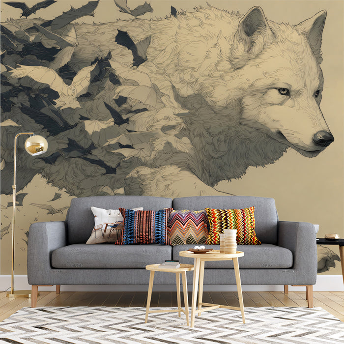 White Wolf Emerging from Bat Swarm Sepia Ink Illustration Mural Wallpaper | Dynamic Fantasy Scene