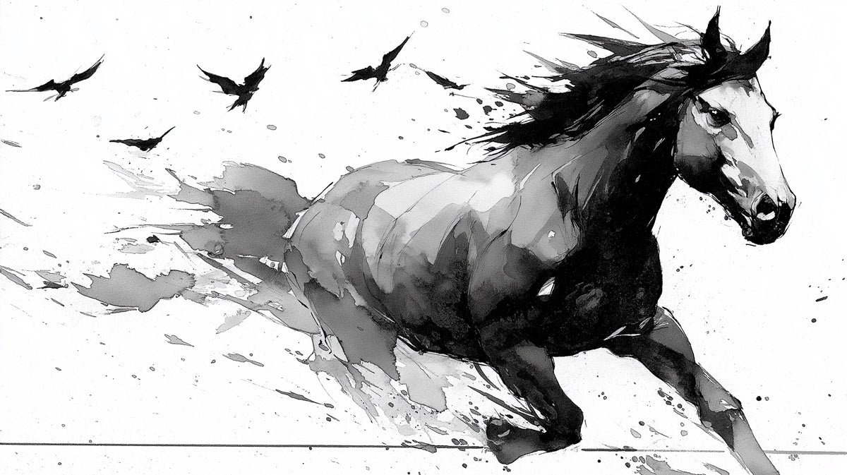 Black Horse Galloping with Raven Swarm Abstract Watercolor Ink Sketch Mural Wallpaper | Dynamic Wildlife Art