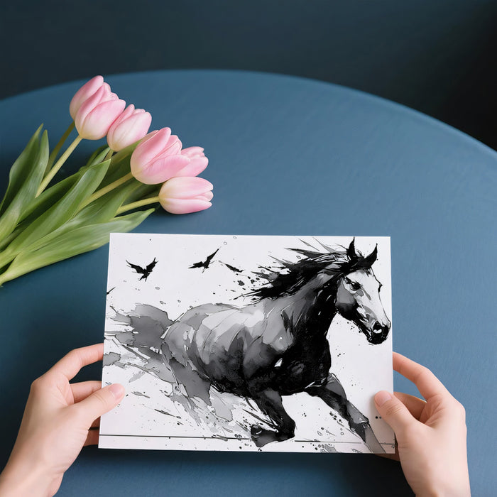Black Horse Galloping with Raven Swarm Abstract Watercolor Ink Sketch Mural Wallpaper | Dynamic Wildlife Art