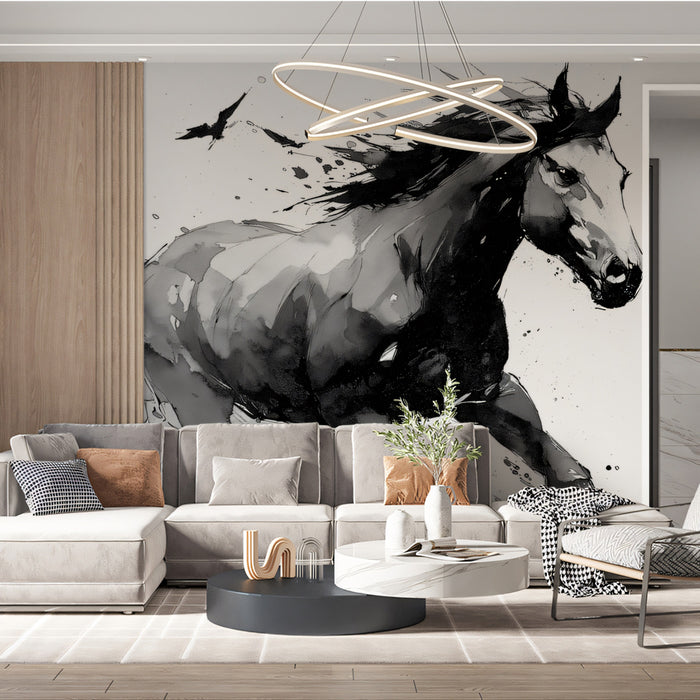 Black Horse Galloping with Raven Swarm Abstract Watercolor Ink Sketch Mural Wallpaper | Dynamic Wildlife Art