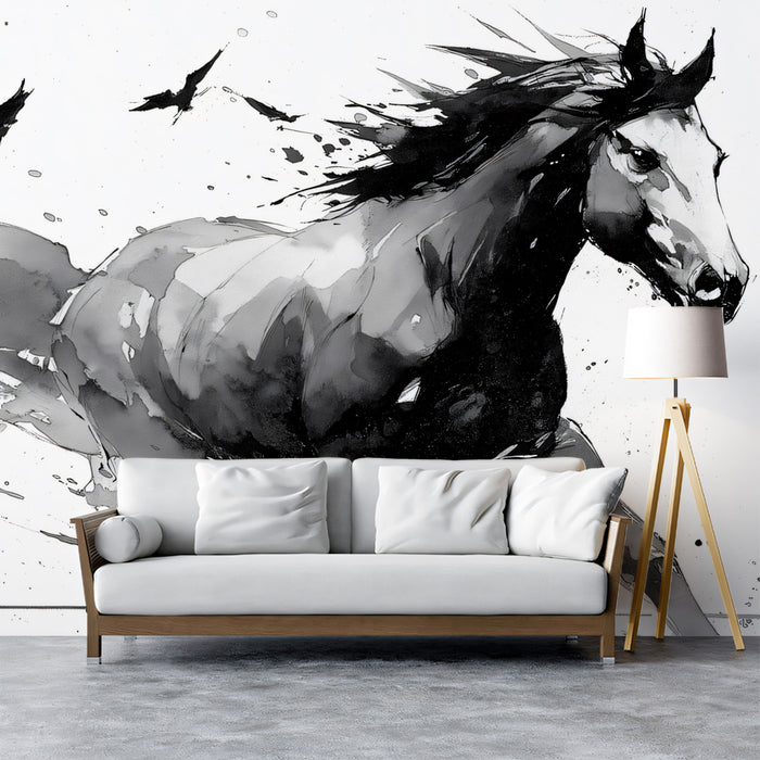 Black Horse Galloping with Raven Swarm Abstract Watercolor Ink Sketch Mural Wallpaper | Dynamic Wildlife Art