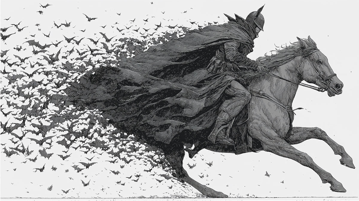 Medieval Knight on Horseback in Bat Swarm Detailed Engraving Style Mural Wallpaper | Dark Fantasy Scene