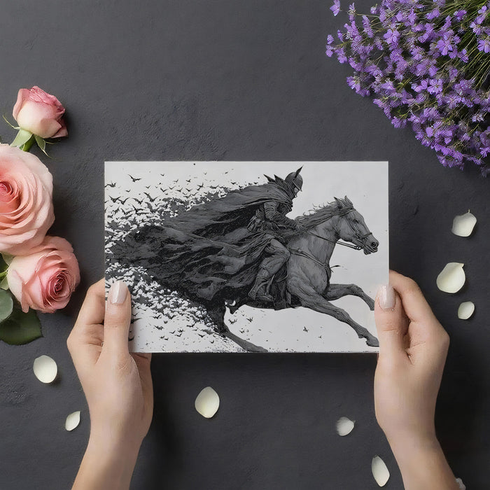 Medieval Knight on Horseback in Bat Swarm Detailed Engraving Style Mural Wallpaper | Dark Fantasy Scene